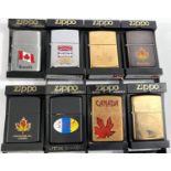 Eight various zippo lighters:  Canada & Canadian Provinces; Canada, brass; Canada black maple