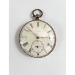 An open faced key wound pocket watch, the backplate stamped '18K', with Swiss movement