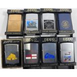 Eight various Zippo lighters for countries, cities etc - United states, Hang Loose, Hawaii, Guam,