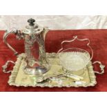 A silver plated hot water pot with monogram, a plated tray etc