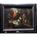 Follower of Jan Steen; 19th Century Dutch School figures dining outside a tavern, musician