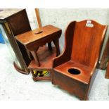 A Victorian mahogany child rocking chair; a country made stool and another stool