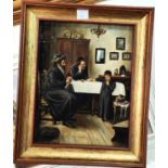 Interior scene with orthodox Jewish family at a table, oil on board, unsigned, 20 x 15cm, framed.