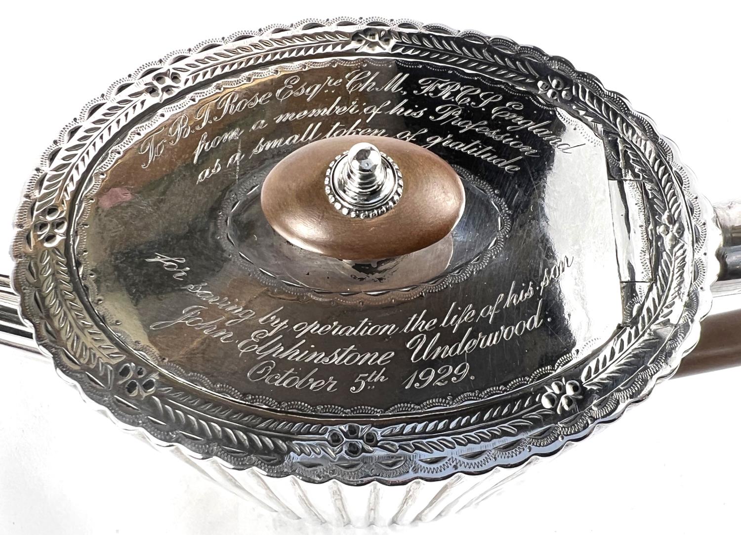 A Georgian hallmarked silver tea pot of oval ribbed form with inscriptions, London 1781, maker - Image 2 of 3