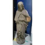 A large carved wooden statue of Jesus stood with head bowed one arm across middle (one arm missing),