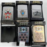 Five various Zippo lighters:  Thunderbird; Arrowhead; a telido chrome; one brass & Ron Jon Surf Shop