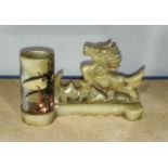 A Jade carving with horse and brush pot with written text and painted decoration