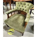 Edwardian Sheraton style inlaid mahogany tub shaped armchair with deep buttoned green Dralon on