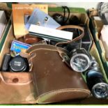 A pair of Ross cased binoculars, vintage cameras etc, various harmonicas