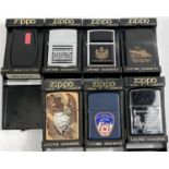 Six various zippo lighters:  Operation Desert Storm; Brooklyn Bridge, matt black; Hawaii, coat of