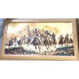 A large print of Native American warriors on horseback;a large oil on board of a boat moored on