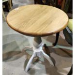 A modern occasional table with light oak circular top on cream pedestal base; a pair of chairs