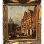 Daniel Blake:  19th century continental street scene with church, tall buildings and figures, oil on