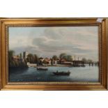 19th century school, River Landscape with rowing boats, bridge and church, oil on canvas,