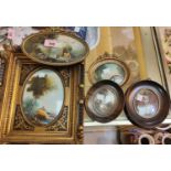 Two oval miniature oils, landscape scenes, in ormolu frames and 3 other similar miniatures