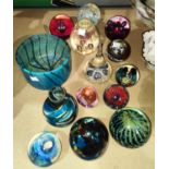 A selection of Mdina, Caithness and other coloured paper weights and glassware etc