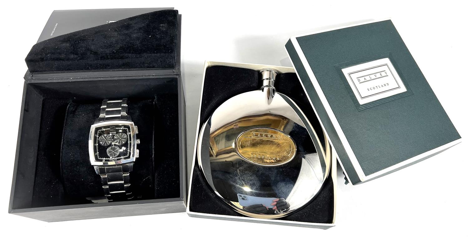 An originally boxed Hugo Boss 'Box' square dial wristwatch chronograph with stainless steel case,