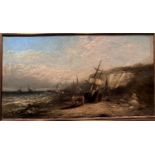 19th Century British:  North East coastal landscape with figures and beached ships in the