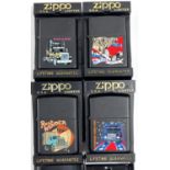 Four various Zippo lighters with American truck decoration:  Road Winder; Call of the Wild; Knight