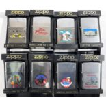 Eight Zippo lighters for various American States or cities New York, Statue of Liberty, Niagara