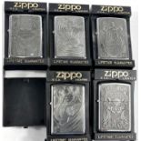 Five Zippo Harley Davidson lighters with relief Art Deco style designs:  2 women; 2 bikers & a