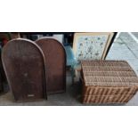 Two bagatelle boards, a firescreen, a Loyd Loom stool and a large basket
