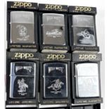 Six Zippo 'Wild West' collection lighters:  Western Attire 1862; Conestage wagon 1840; Wyatt Earp