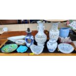 Two similar Chinese reticulated lamps and a selection of glass and china fish dishes etc