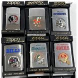 Six Zippo lighters relating to American Football teams:  Miami Dolphins; Dallas Cowboys; Buffalo