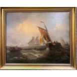 19t Century British:  Fishing and rowing boats in choppy seas, oil on canvas, unsigned, 44 x 55cm,