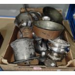 An EPBM biscuit barrel (worn); a period pewter dish & metalware.