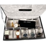 A Mele & Co watch box with 10 sections and two Seiko watches; other watches