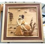 Five carved wood/marquetry pictures