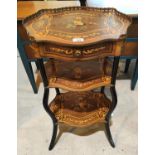 A Louis XV style oval marquetry whatnot, 3-height with gilt metal gallery ad frieze drawer, width