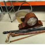 A Brass jam pan, walking stick and a Smiths clock