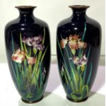A pair of Japanese dark blue cloisonne "Ginbari" vases height 16cm (some restoration)