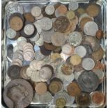 A selection of GB and foreign coins:  1892 crown; A 1902 EVII bronze coronation medal; etc.