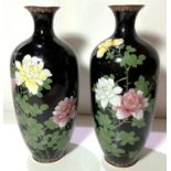 A pair of Japanese dark blue ground cloisonne baluster vases decorated with flowers height 31cm (