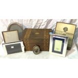 A Tunbridge ware work box and a selection of silver plated picture frames various shapes and sizes