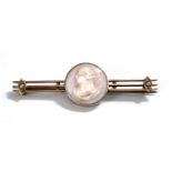A 9ct gold cameo brooch with pink and white female head and seed pearls to either side