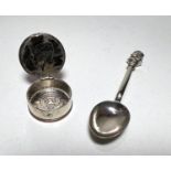 A Queen Victoria commemorative hallmarked silver teaspoon; a circular pill box formed from two