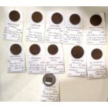 18th and 19th century copper tokens: an Assoc Irish Mine Co halfpenny 1789, 8 others and 2 early