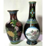 2 Chinese cloisonne vases decorated with flowers against a black ground heights 27 & 23cm (both