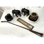 A J Smylie & Sons advertising dish, thermometer, a John Dunn taxidermy horn, riding crop, 2 carved