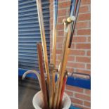 A selection of walking sticks, snooker ques etc