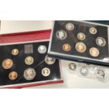 Two proof coin sets 1987 & 1986 (1 case with crack); 3 x £1 silver coins: 1983; 1984 & 1985, with