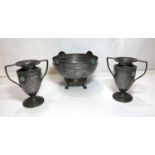 An Ashberry pewter pair of 2 handled baluster vases with mottled green decorative beads; a similar