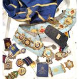 Five hall marked silver Masonic jewels and a selection of other Masonic regalia etc