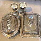 A rectangular silver plated lidded entree dish with etched scrolling decoration and gadrooned