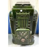 An Art Deco style log burning stove with single door, in green enamel by Antinea, height 62cm, width